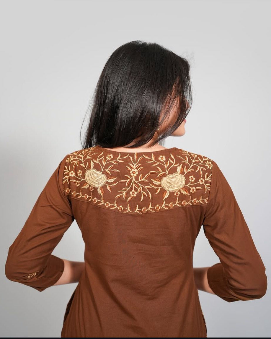 Brown Elegance: Embroidered Cotton Kurta Set