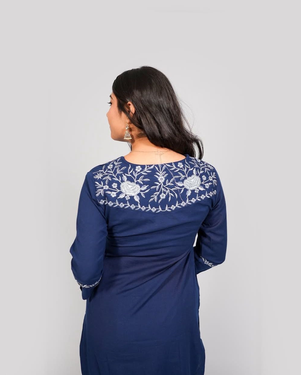 Navy Blue Grace: Embroidered Cotton Kurta Set