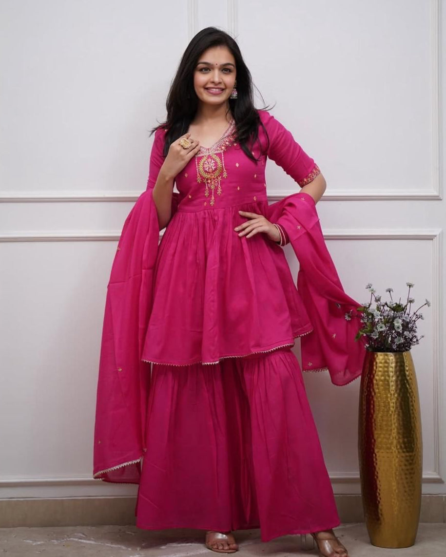 Pink Sharara Set: Embroidered Cotton Kurta with Gota Work Dupatta