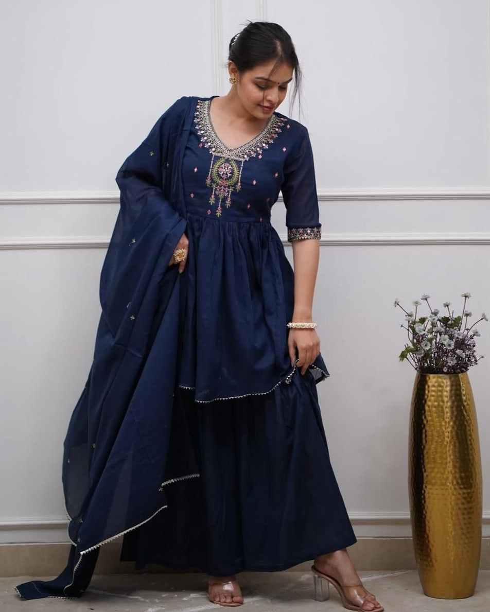 Navy Blue Sharara Set: Embroidered Cotton Kurta with Gota Work Dupatta