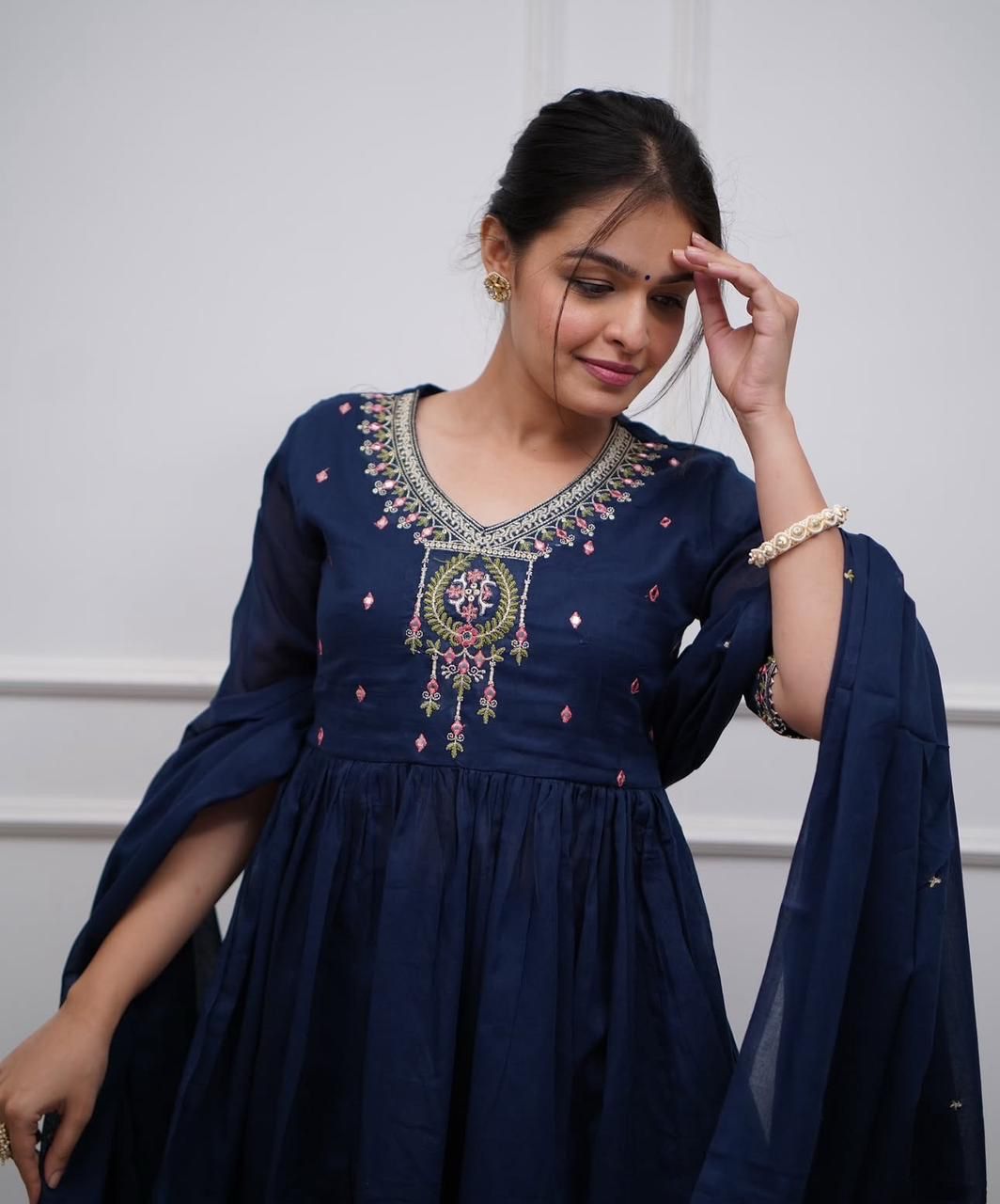 Navy Blue Sharara Set: Embroidered Cotton Kurta with Gota Work Dupatta