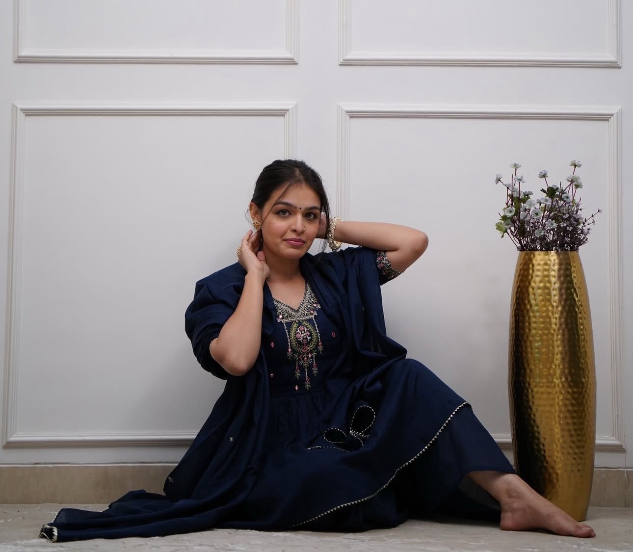 Navy Blue Sharara Set: Embroidered Cotton Kurta with Gota Work Dupatta