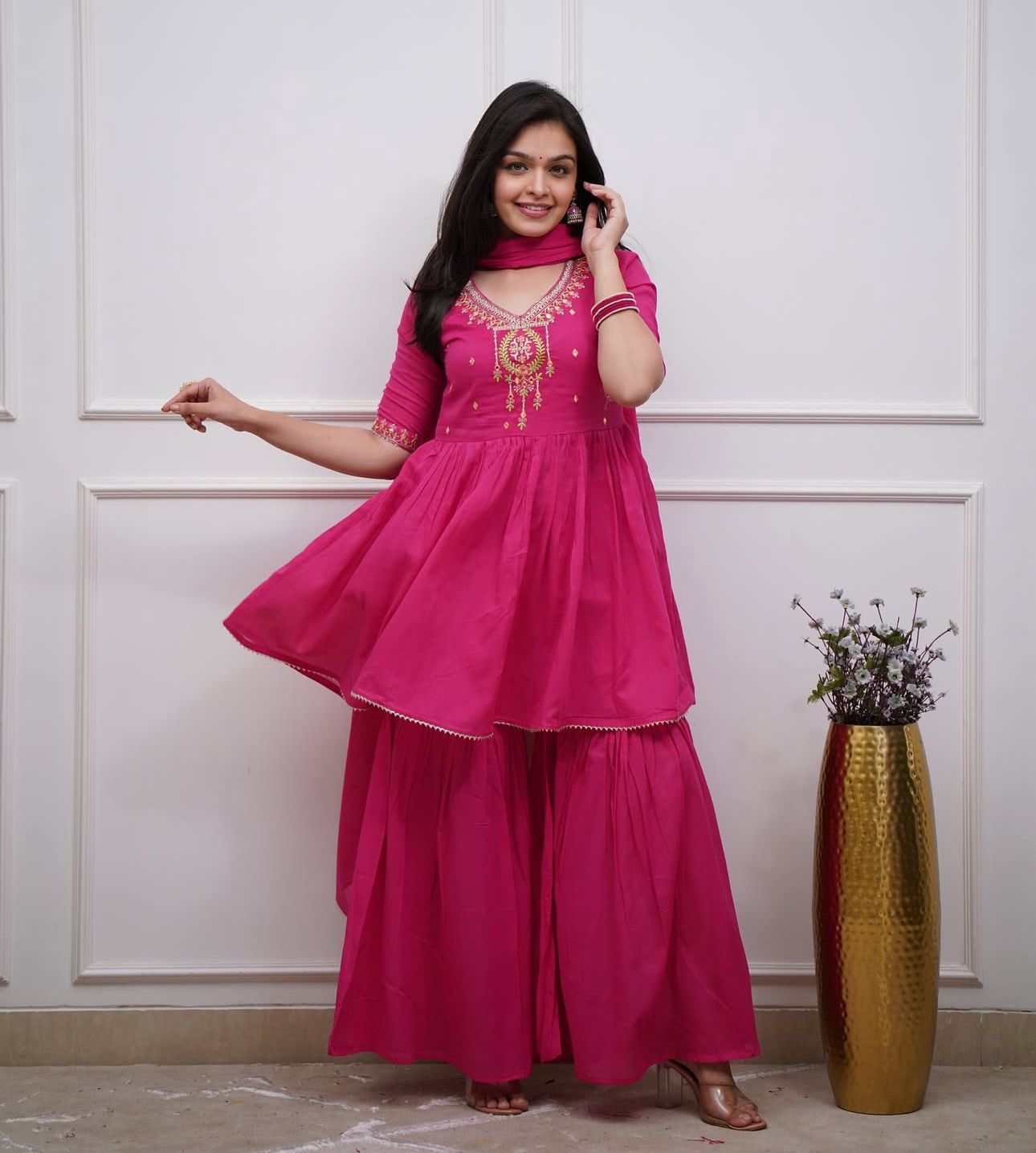 Pink Sharara Set: Embroidered Cotton Kurta with Gota Work Dupatta