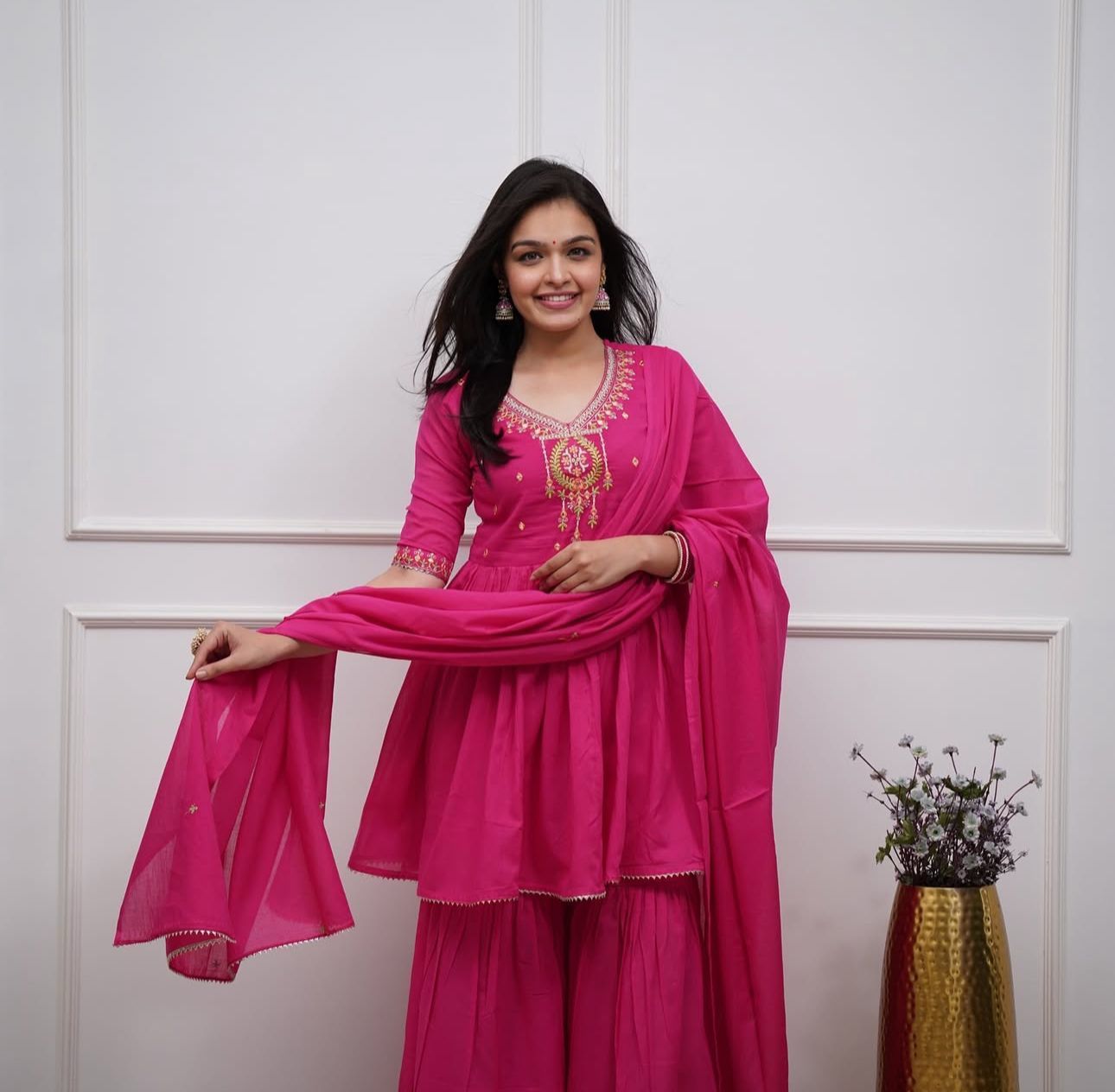 Pink Sharara Set: Embroidered Cotton Kurta with Gota Work Dupatta