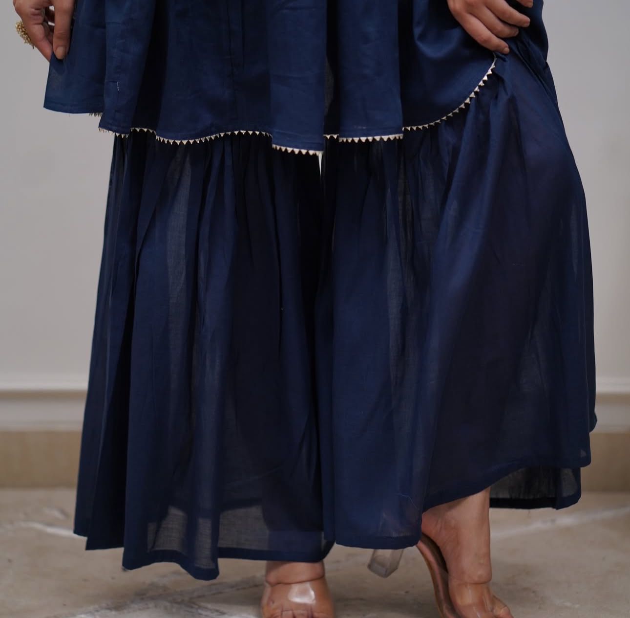 Navy Blue Sharara Set: Embroidered Cotton Kurta with Gota Work Dupatta