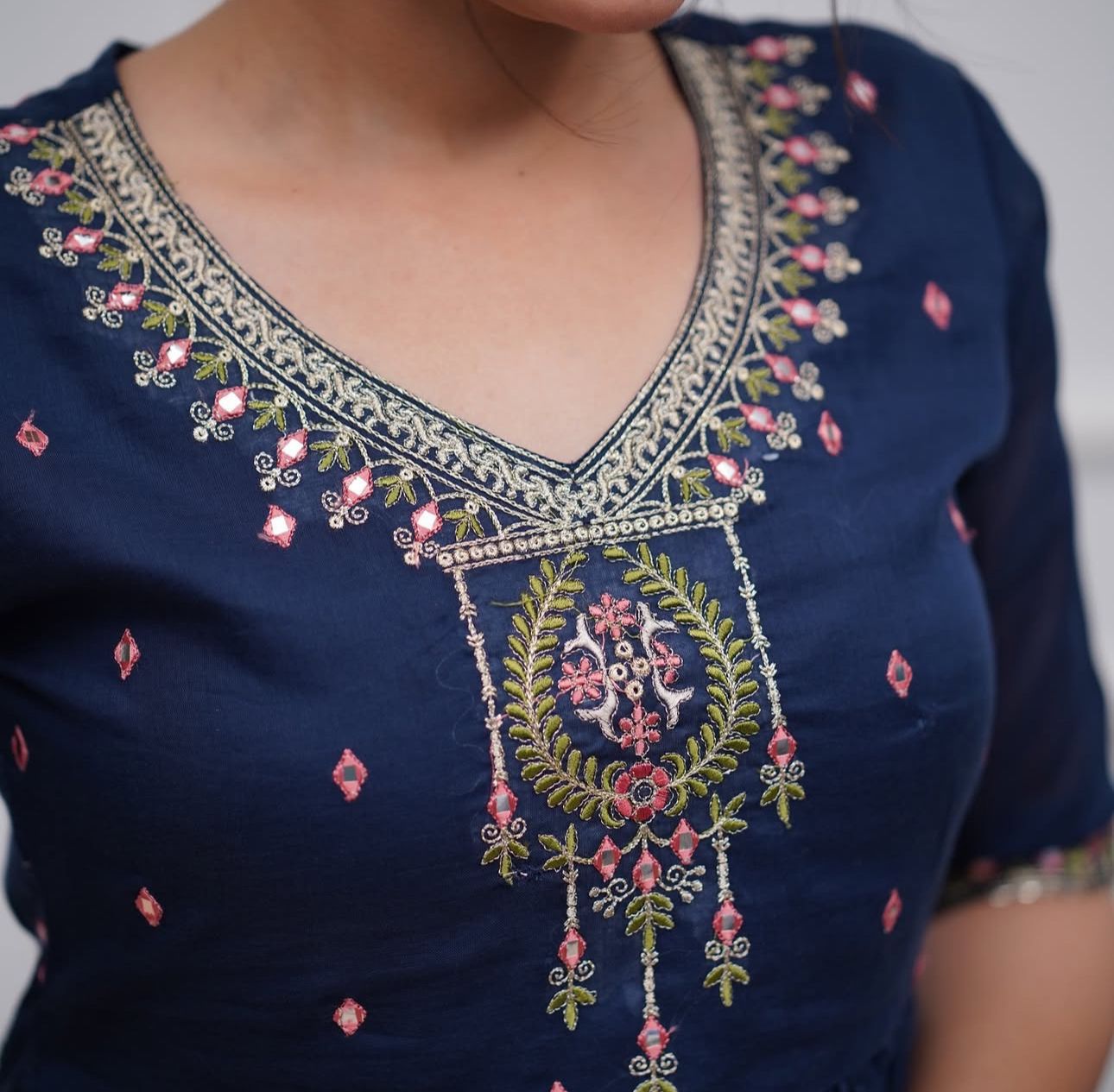 Navy Blue Sharara Set: Embroidered Cotton Kurta with Gota Work Dupatta