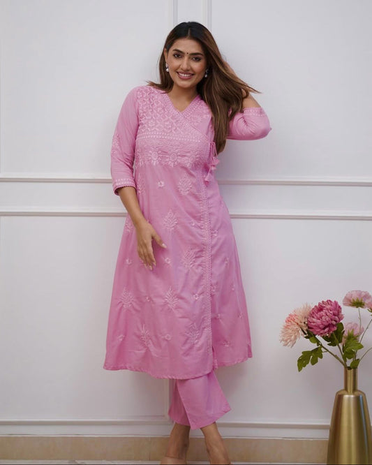 Pink Elegance: Chikankari Cotton Kurta Set