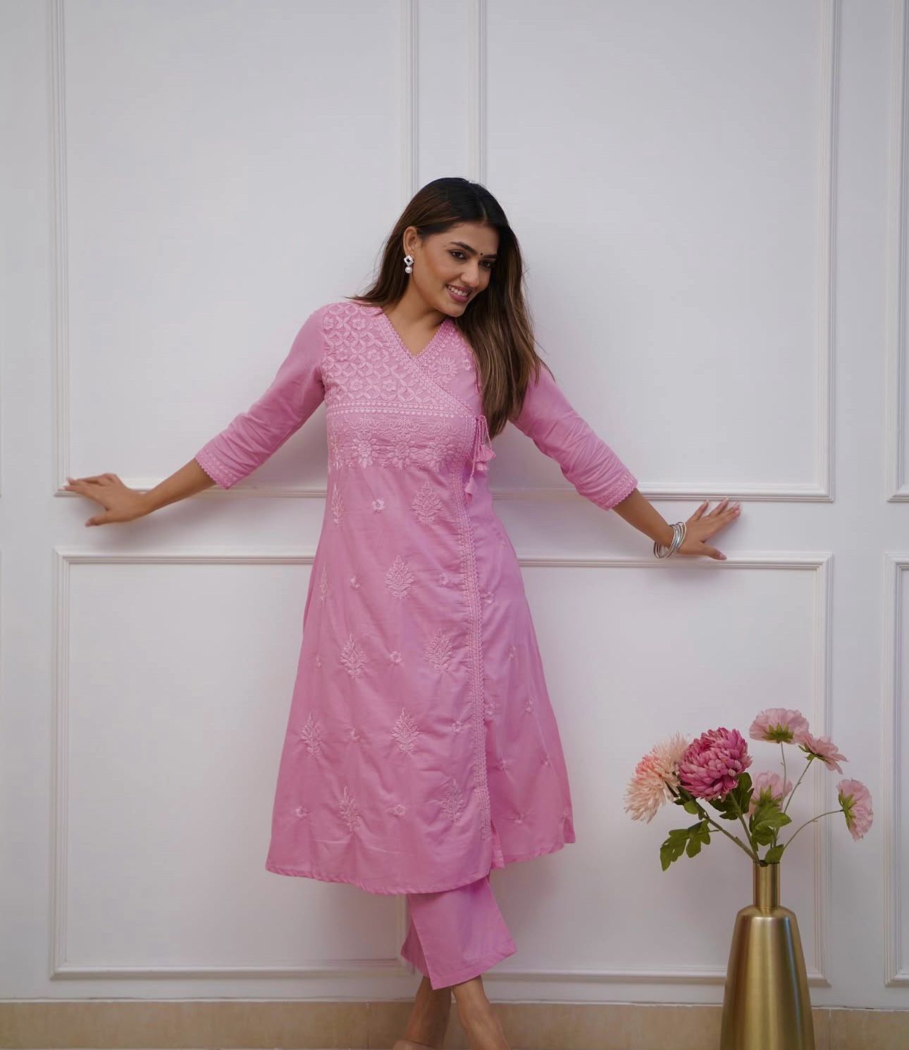 Pink Elegance: Chikankari Cotton Kurta Set