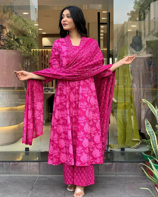 Pink Elegance: Embroidered Cotton Kurta Set