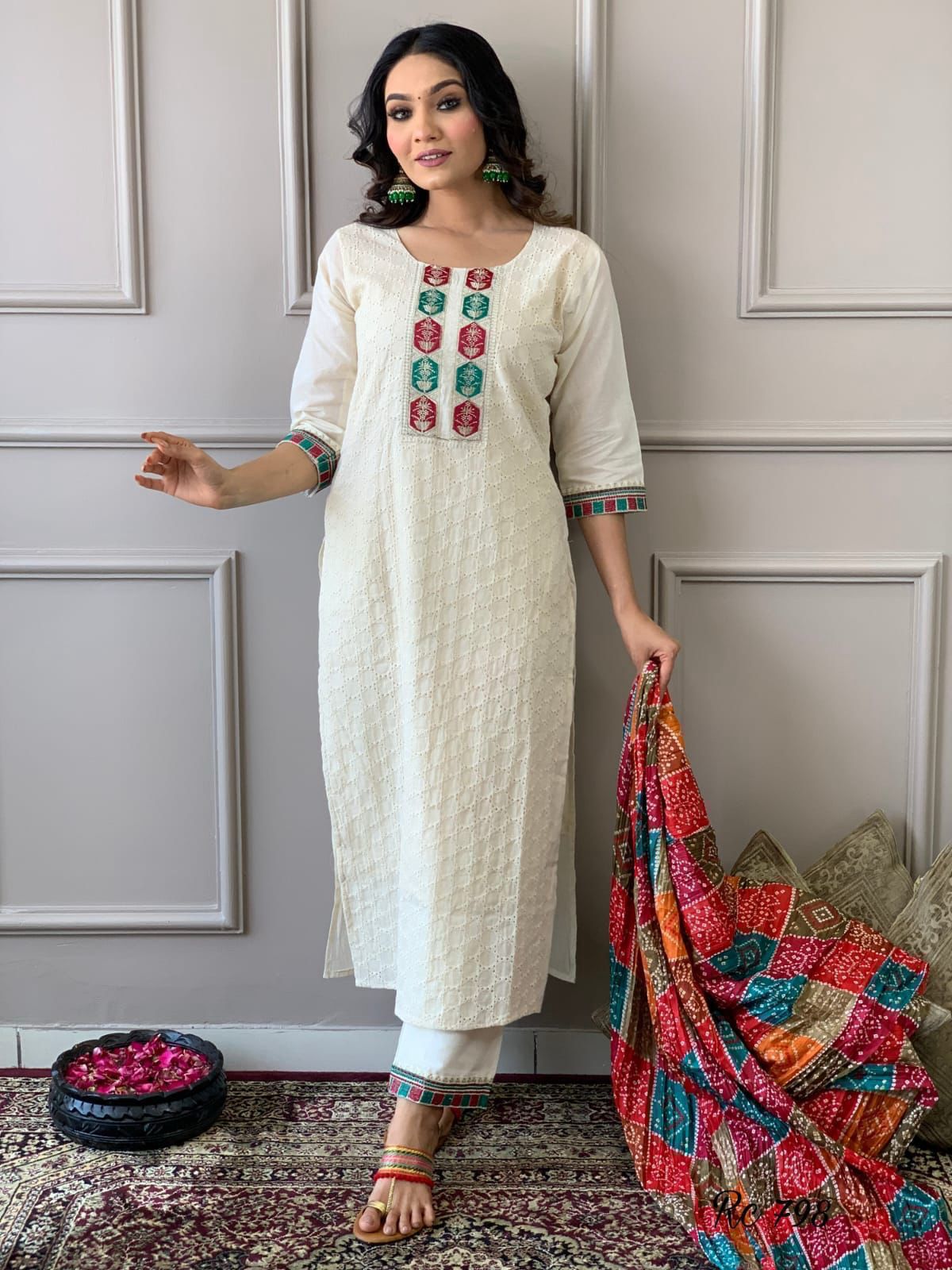 White Elegance: Schiffli Chikankari Cotton Kurta Set with Silk Dupatta