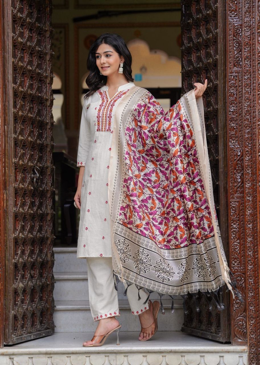 White Bliss: Cotton Flex Kurta Set with Khadi Silk Dupatta