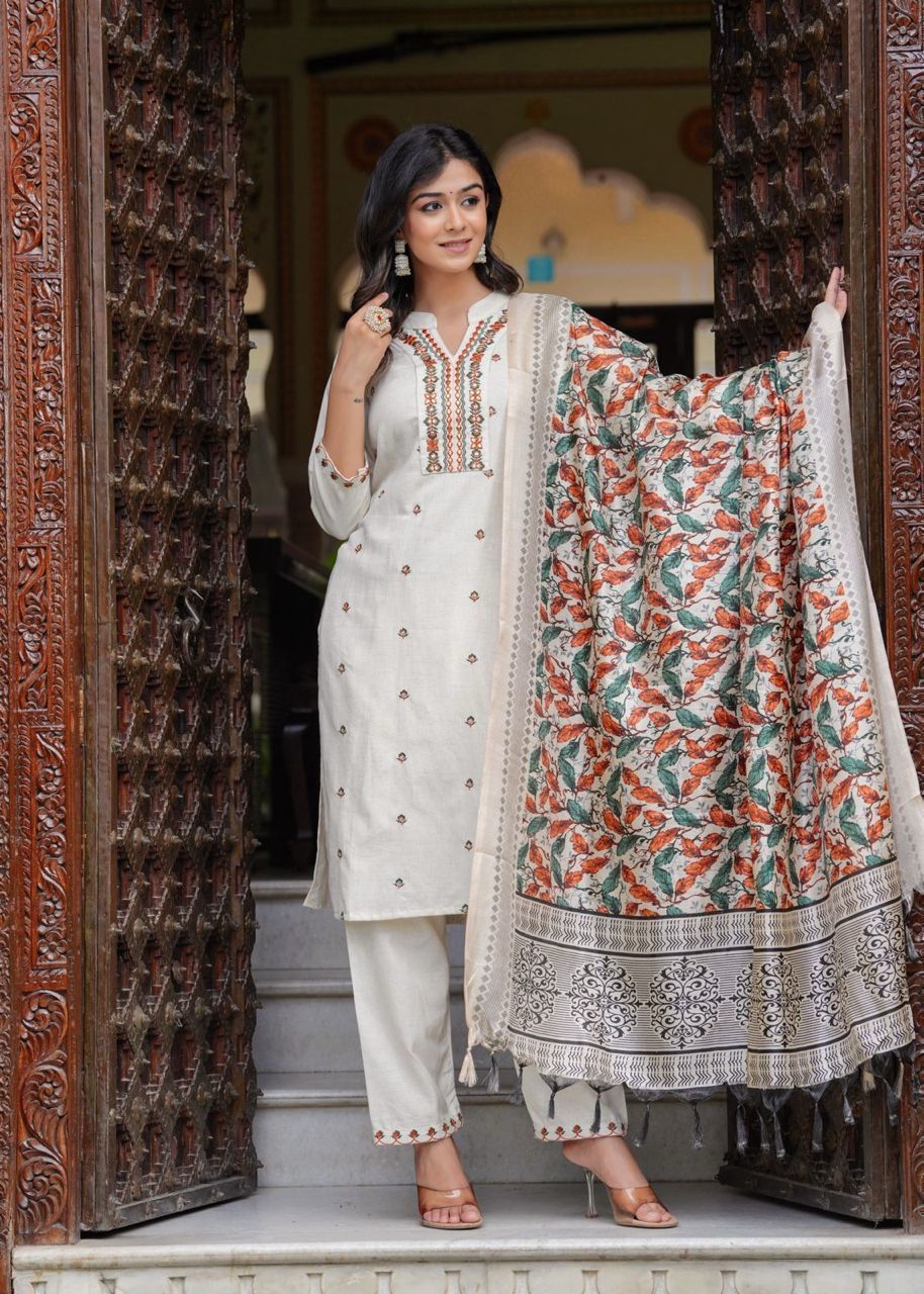 White Radiance: Cotton Flex Kurta Set with Khadi Silk Dupatta