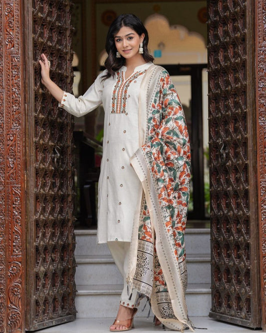 White Radiance: Cotton Flex Kurta Set with Khadi Silk Dupatta