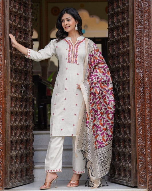 White Bliss: Cotton Flex Kurta Set with Khadi Silk Dupatta