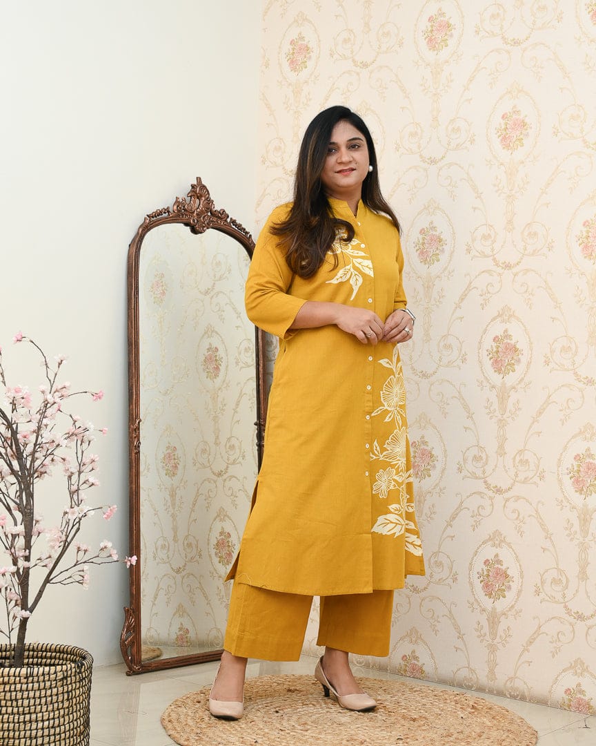 Yellow Bloom: Button Work Rayon Co-ord Set