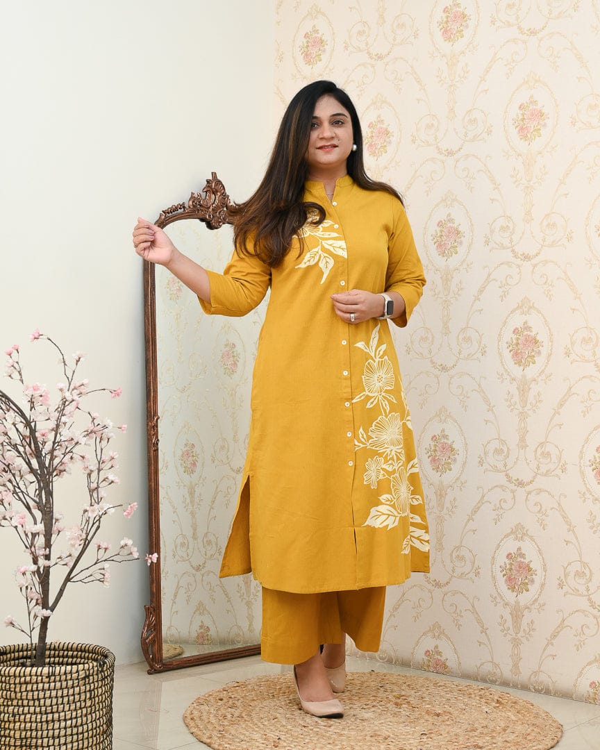 Yellow Bloom: Button Work Rayon Co-ord Set