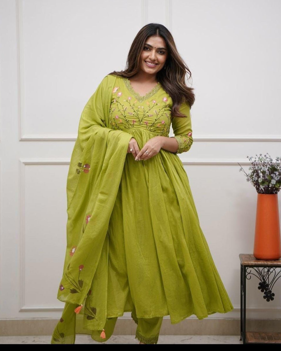 Elegant Green Anarkali Cotton Kurta Set