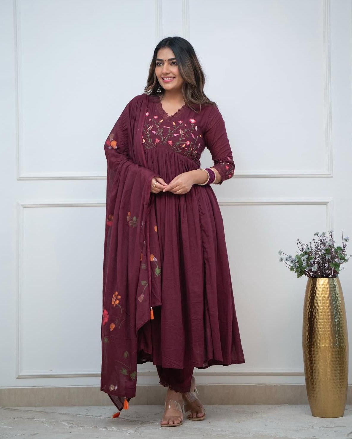 Elegant Maroon Anarkali Cotton Kurta Set