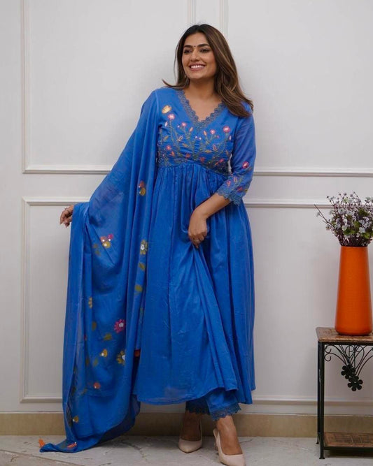Elegant Blue Anarkali Cotton Kurta Set