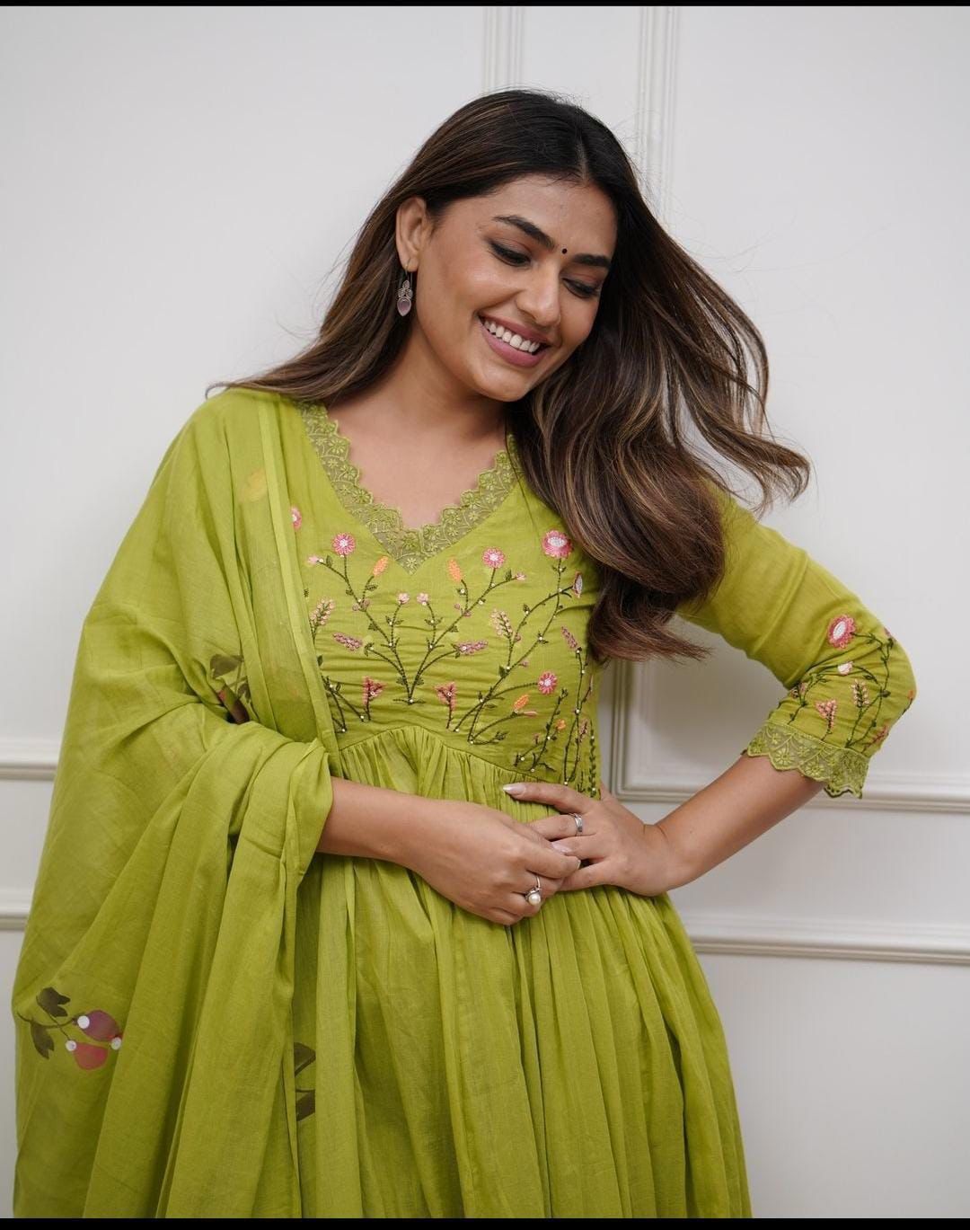 Elegant Green Anarkali Cotton Kurta Set