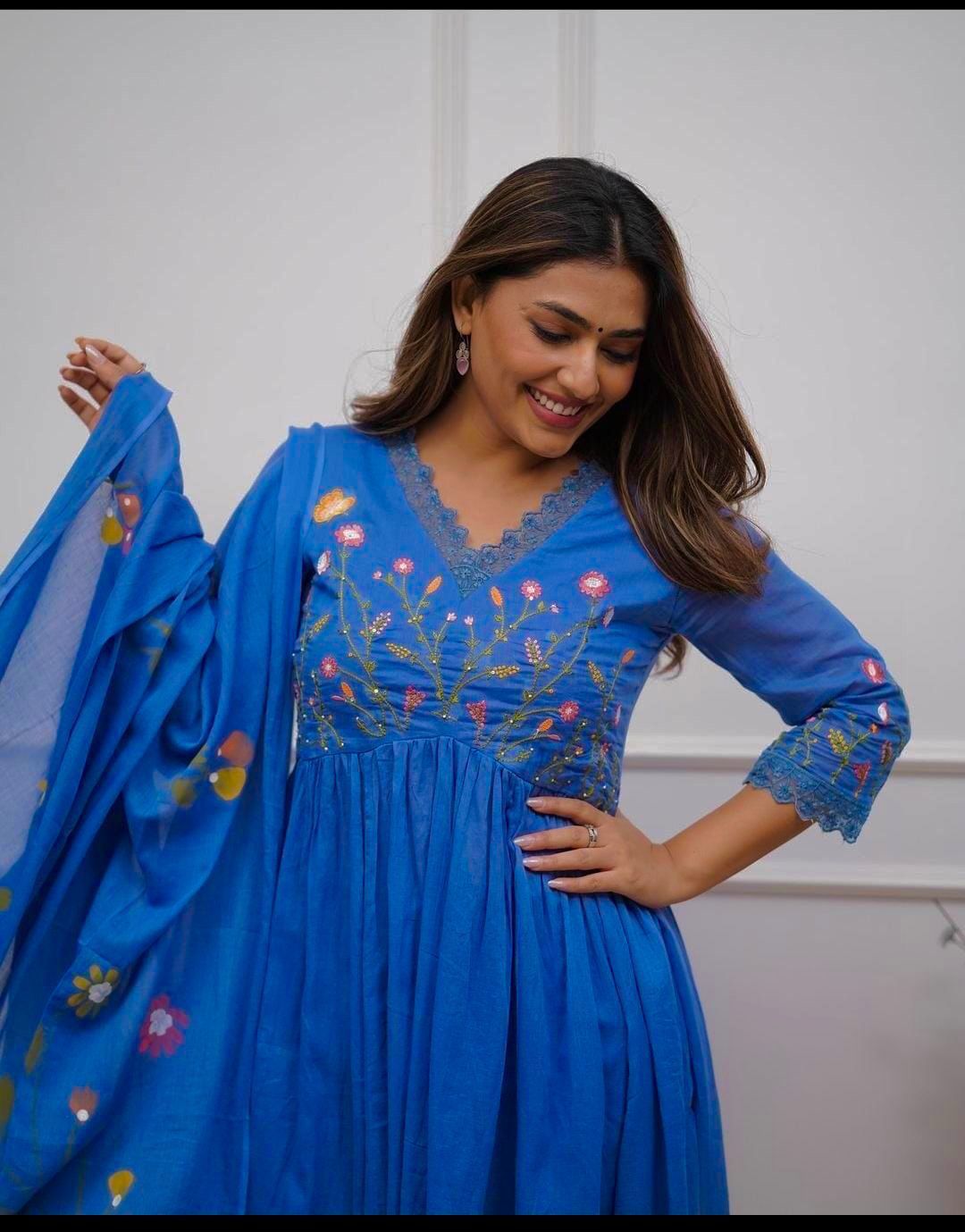 Elegant Blue Anarkali Cotton Kurta Set