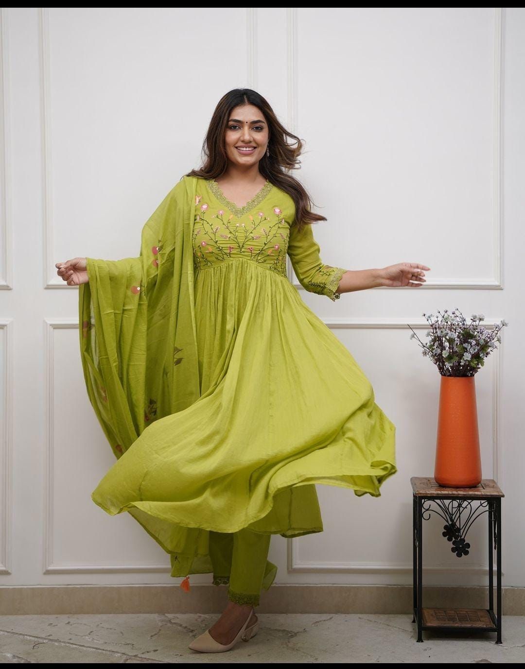 Elegant Green Anarkali Cotton Kurta Set