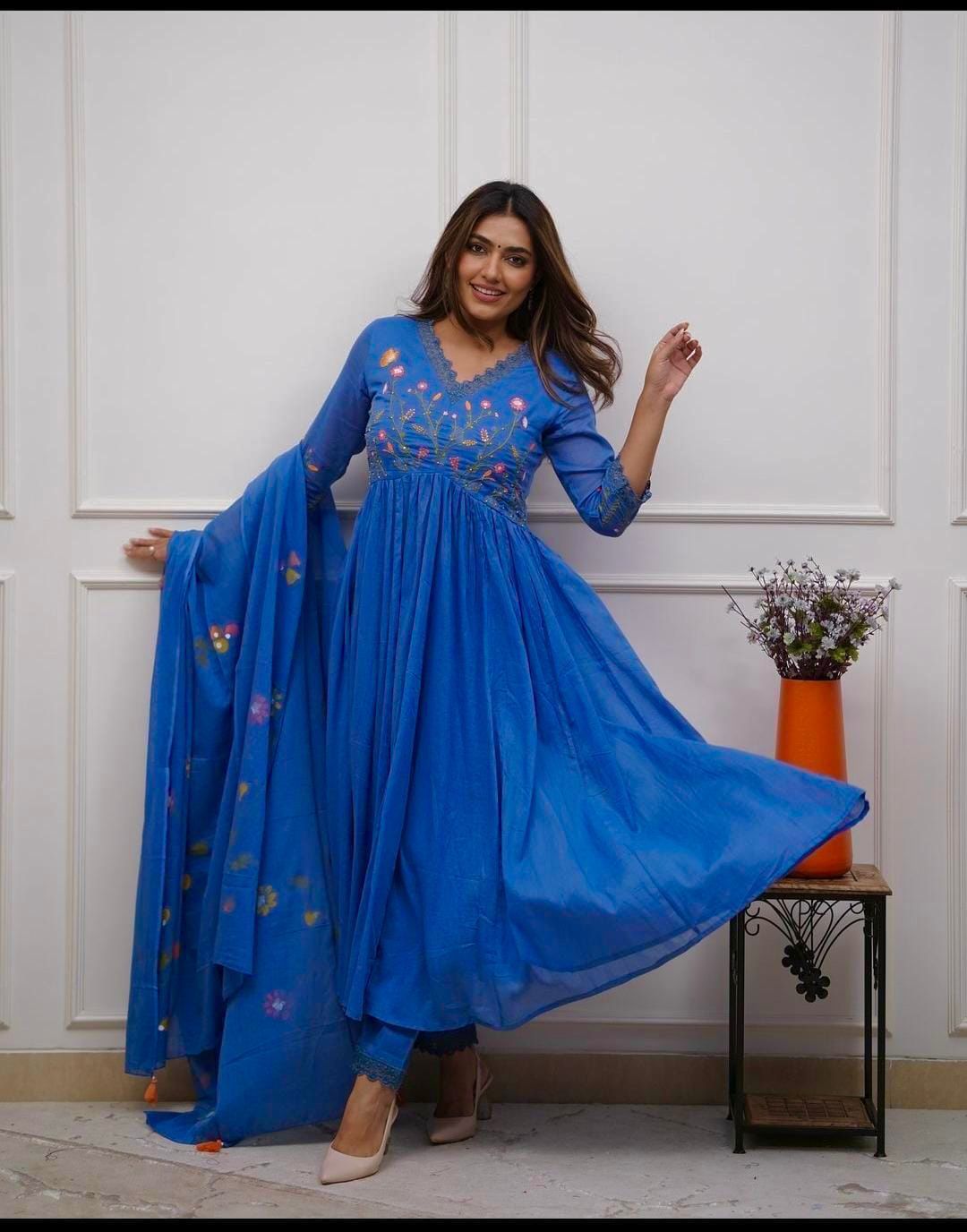 Elegant Blue Anarkali Cotton Kurta Set
