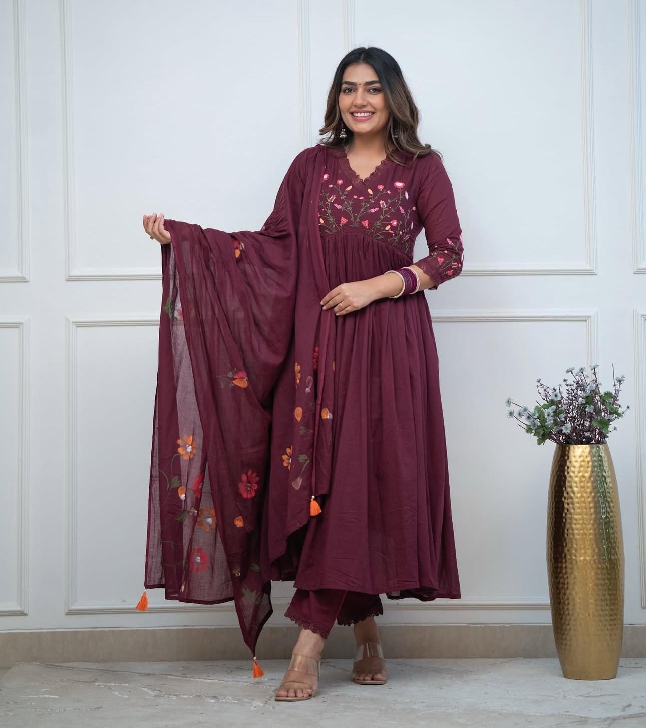 Elegant Maroon Anarkali Cotton Kurta Set