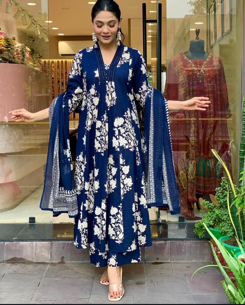 Indigo Blue Floral Anarkali Kurta Set with Dupatta