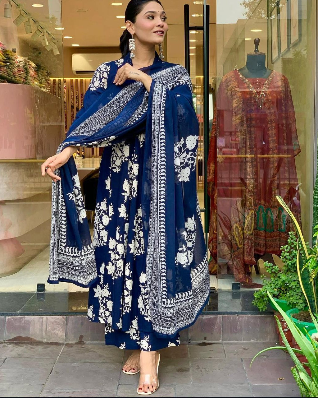 Indigo Blue Floral Anarkali Kurta Set with Dupatta