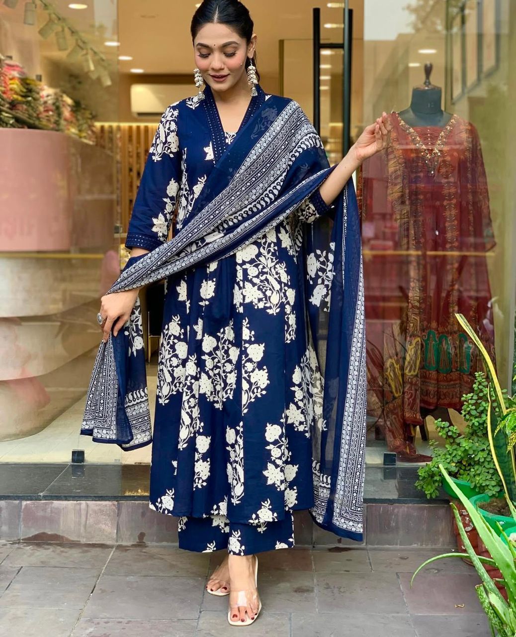 Indigo Blue Floral Anarkali Kurta Set with Dupatta