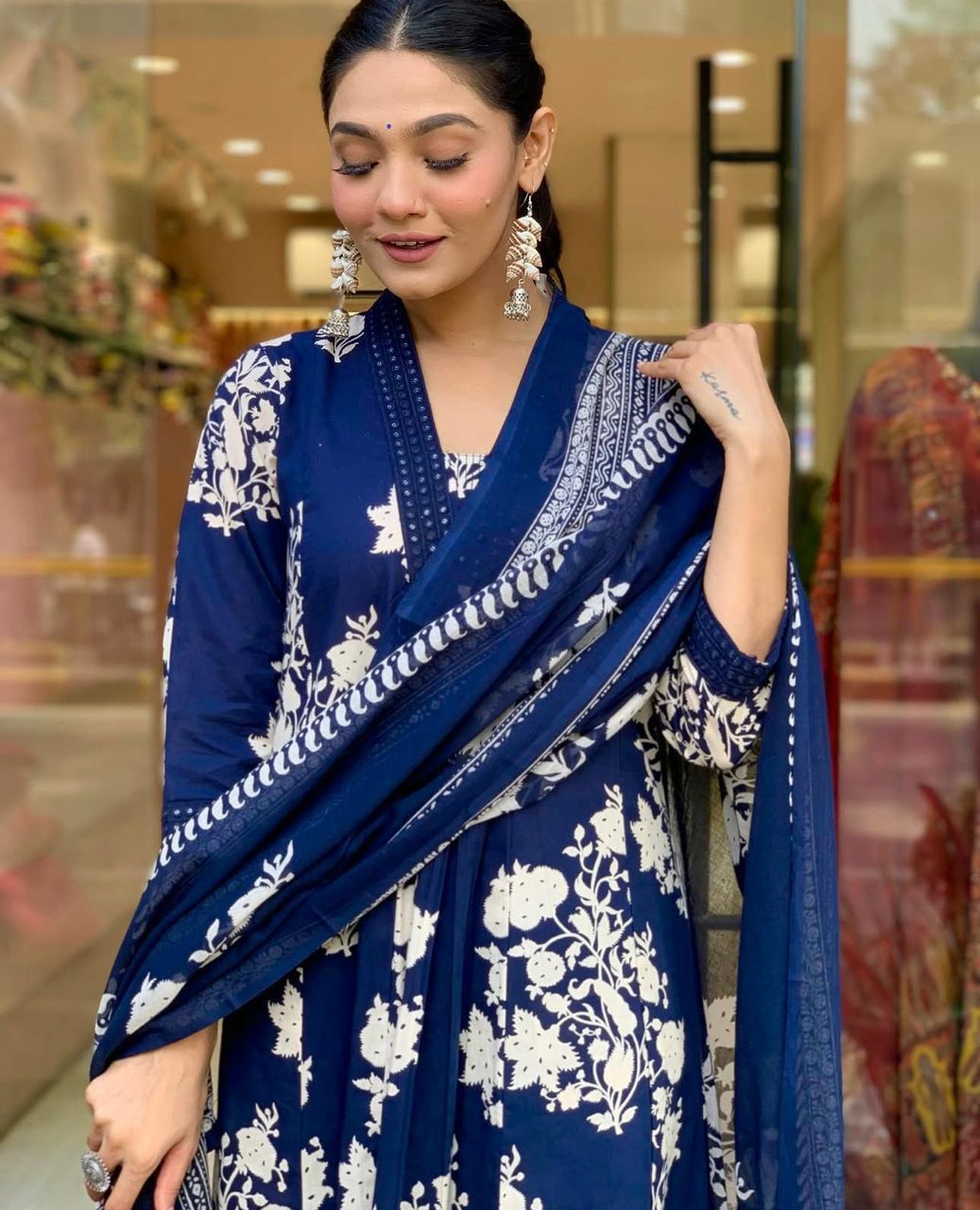 Indigo Blue Floral Anarkali Kurta Set with Dupatta