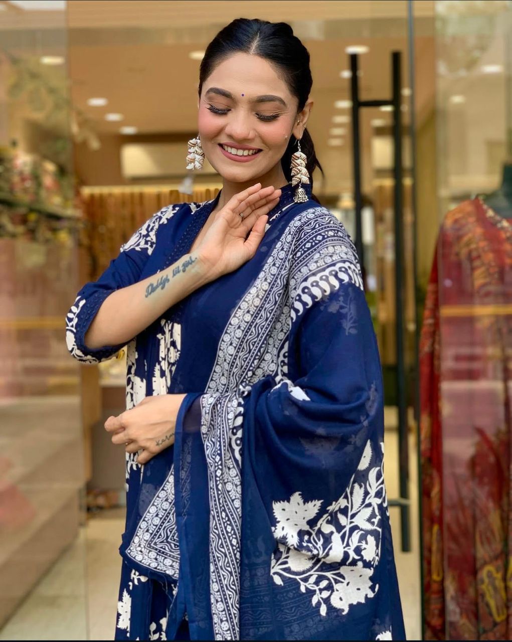 Indigo Blue Floral Anarkali Kurta Set with Dupatta