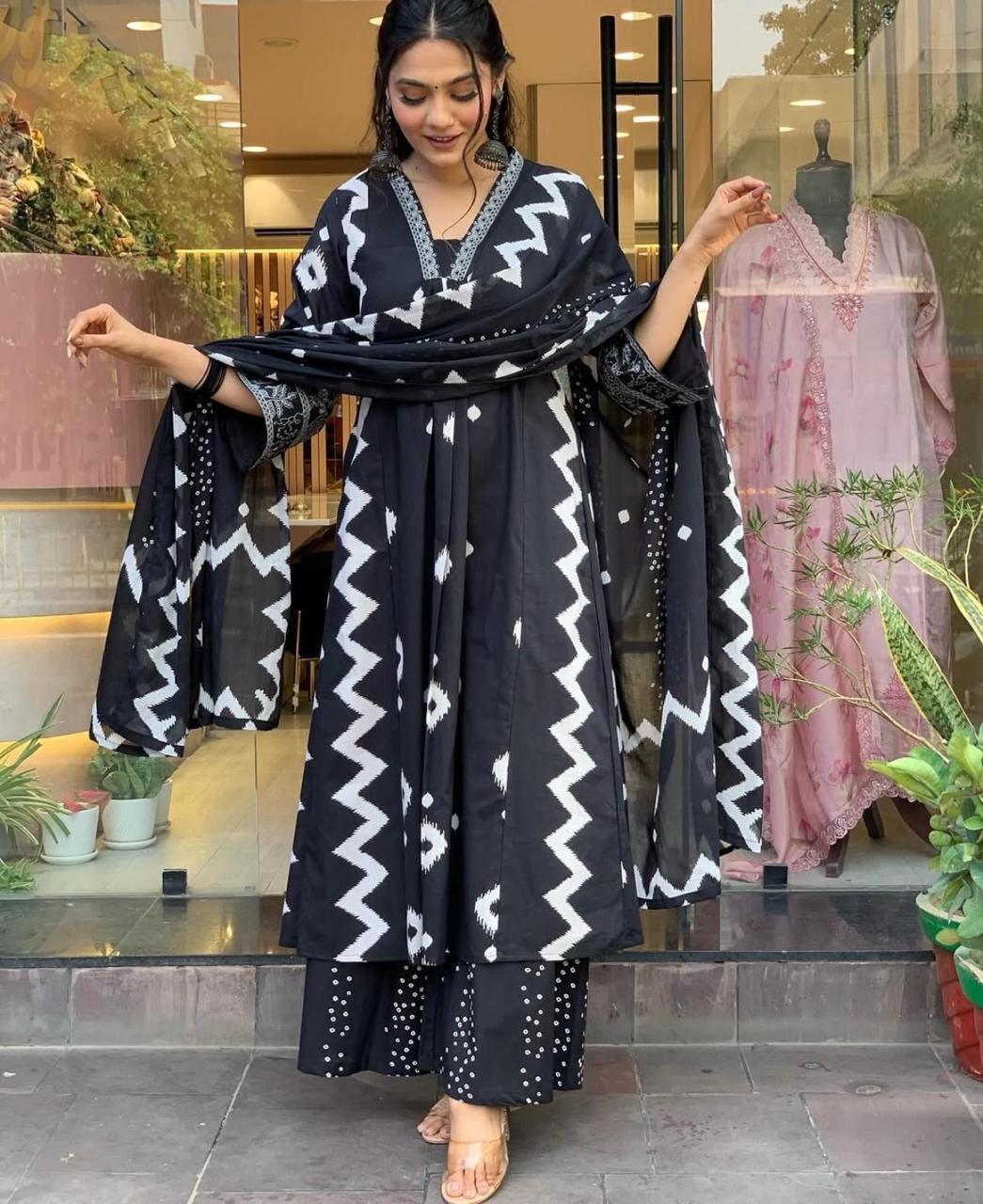 Black Anarkali Suit with White Embroidery