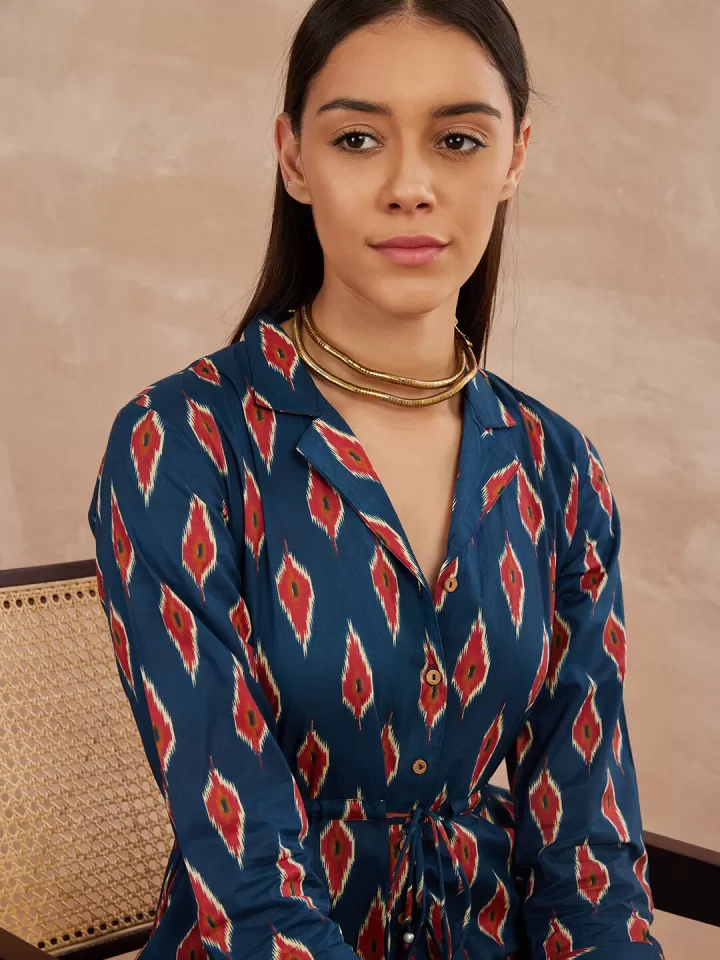 Indigo Ikat: Button-Down Collared Jumpsuit with Tie-Up Waist