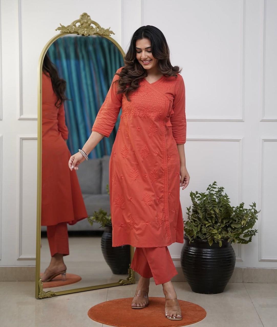 Red Charm: Chikankari Cotton Kurta Set
