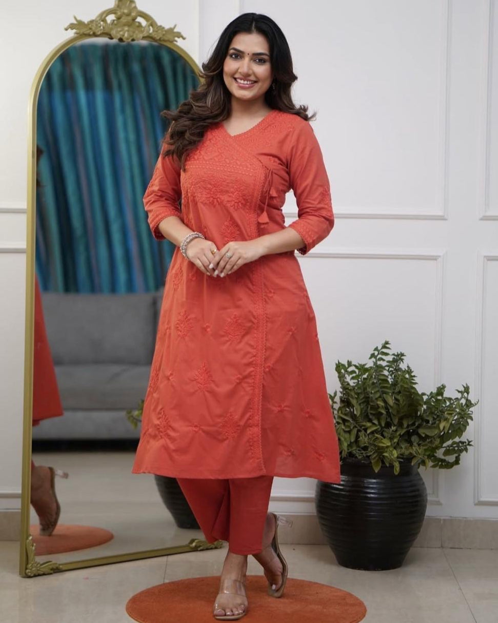Red Charm: Chikankari Cotton Kurta Set