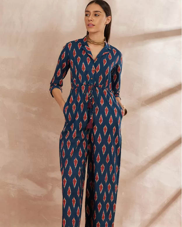Indigo Ikat: Button-Down Collared Jumpsuit with Tie-Up Waist