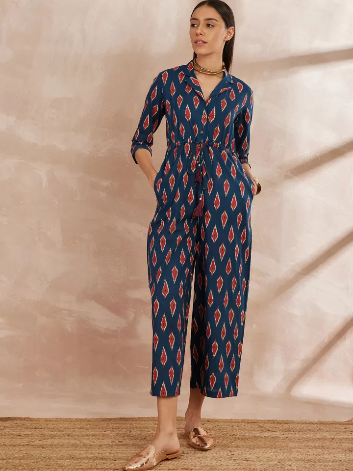 Indigo Ikat: Button-Down Collared Jumpsuit with Tie-Up Waist