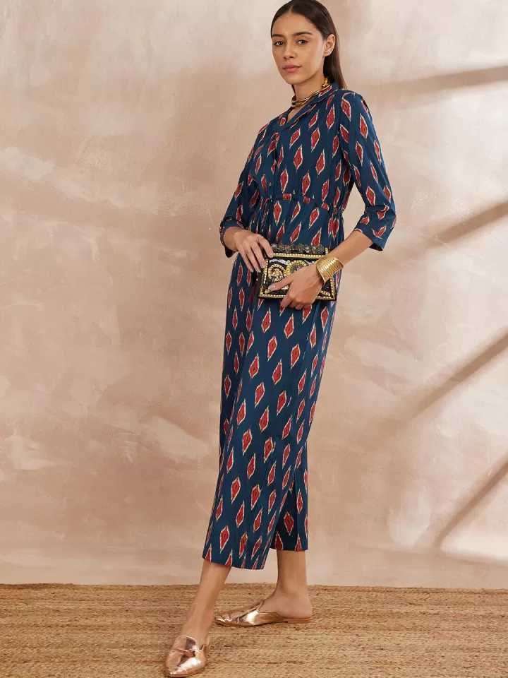 Indigo Ikat: Button-Down Collared Jumpsuit with Tie-Up Waist