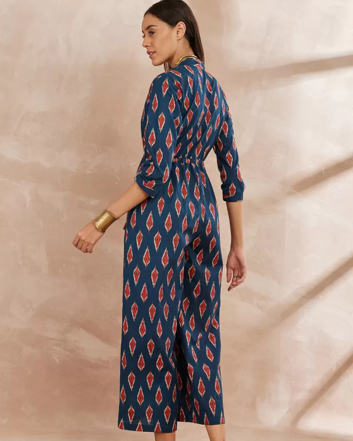 Indigo Ikat: Button-Down Collared Jumpsuit with Tie-Up Waist