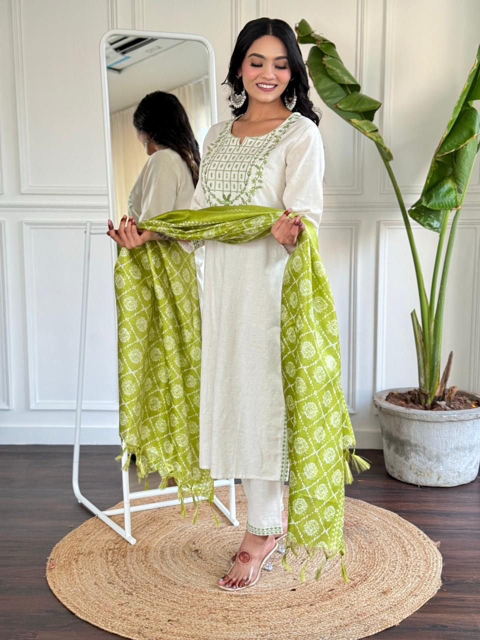 Elegant White & Green Embroidered Kurta Set