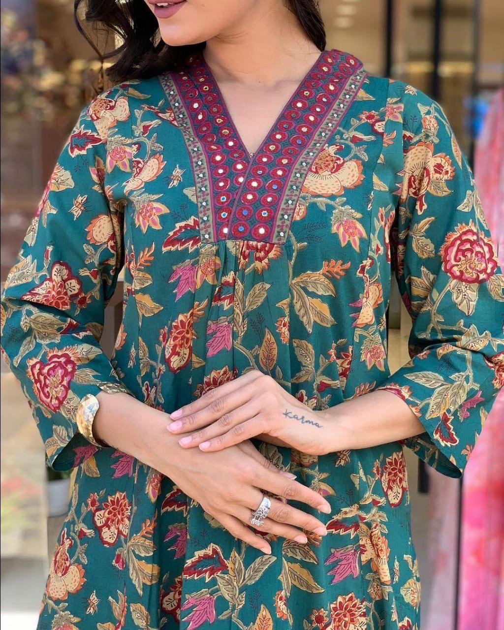 Green Floral A-Line Kurta Set