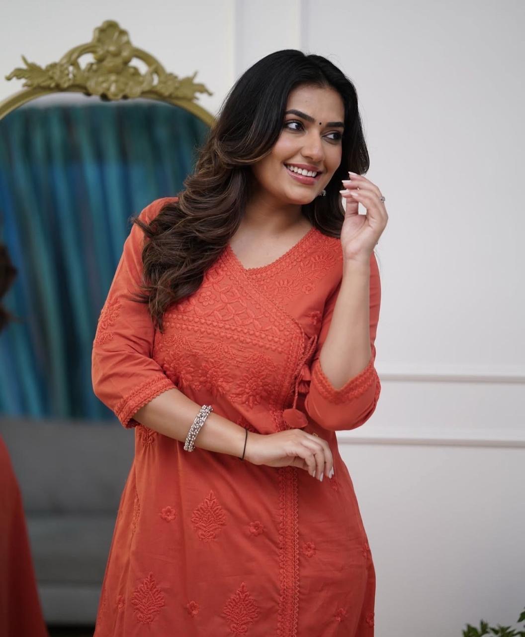 Red Charm: Chikankari Cotton Kurta Set