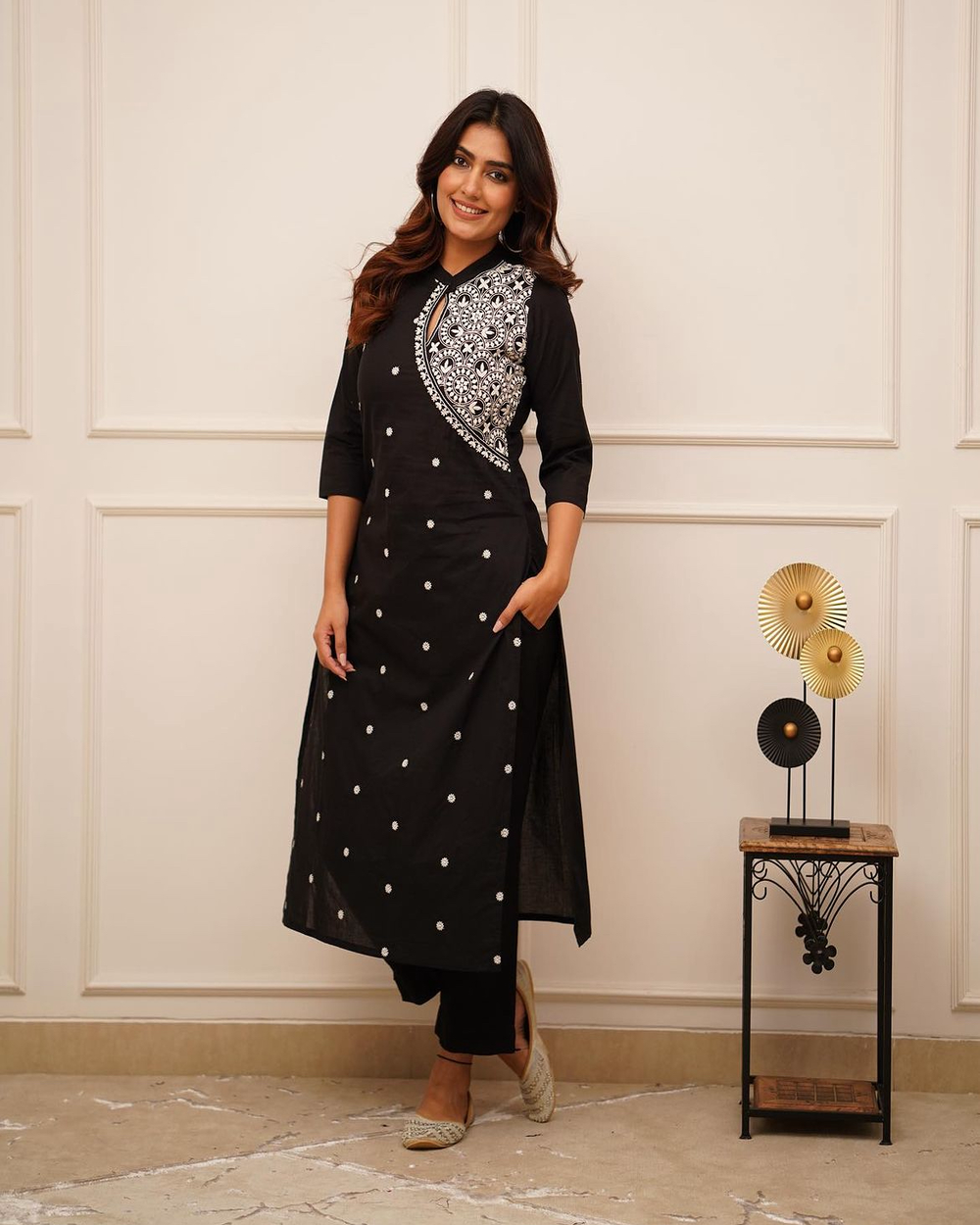 Black Elegance: Embroidered Cotton Kurta Set