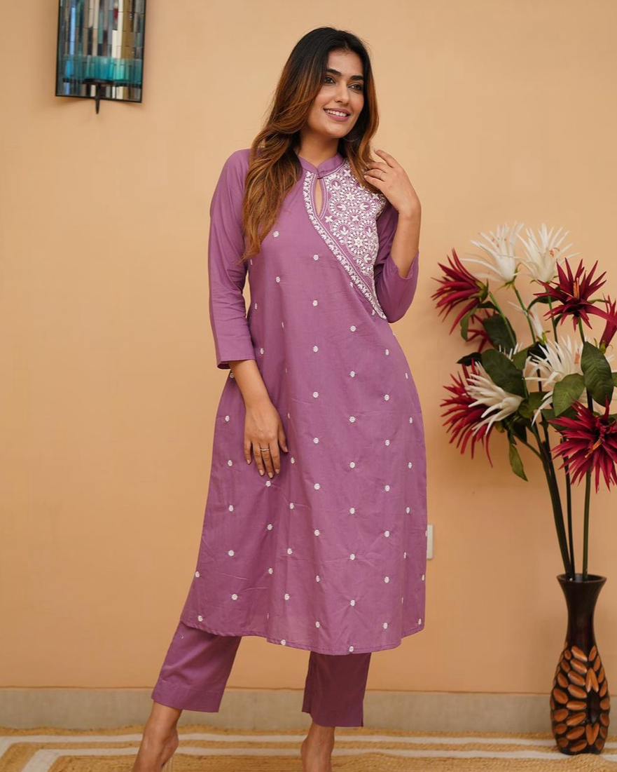 Purple Royalty: Embroidered Cotton Kurta Set