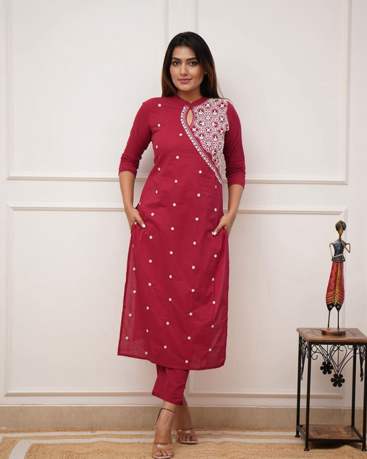 Red Glamour: Embroidered Cotton Kurta Set