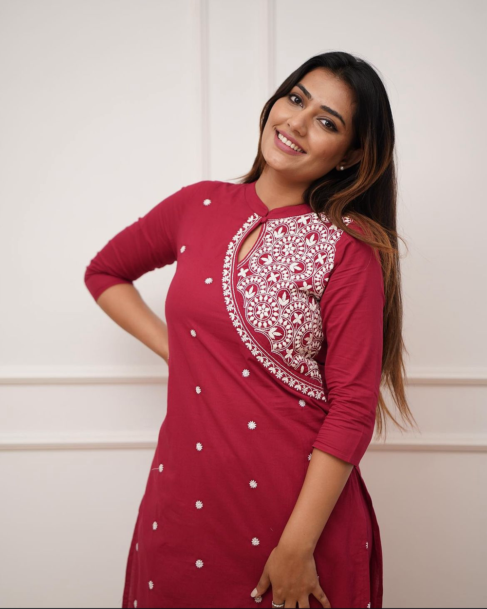 Red Glamour: Embroidered Cotton Kurta Set