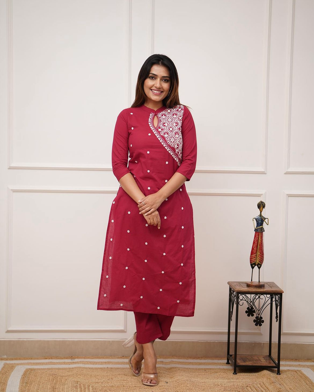 Red Glamour: Embroidered Cotton Kurta Set