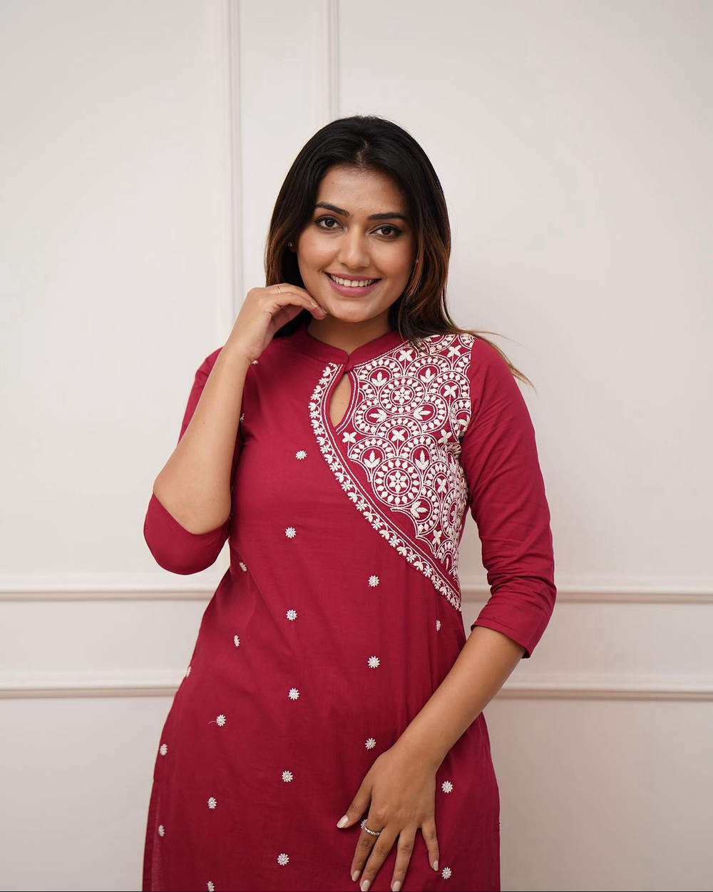 Red Glamour: Embroidered Cotton Kurta Set